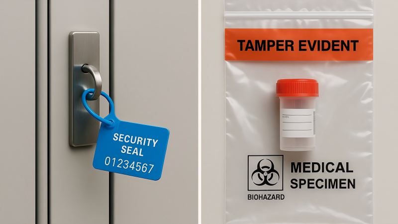 A split-screen image. On the left, a security seal on a large drug cabinet. On the right, a tamper-evident bag holding a medical specimen.