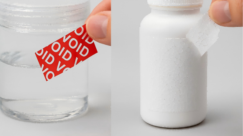 VOID vs. Destructible Labels on Plastic A VOID label on a clear PET container and a shattered destructible vinyl label on a white HDPE bottle.