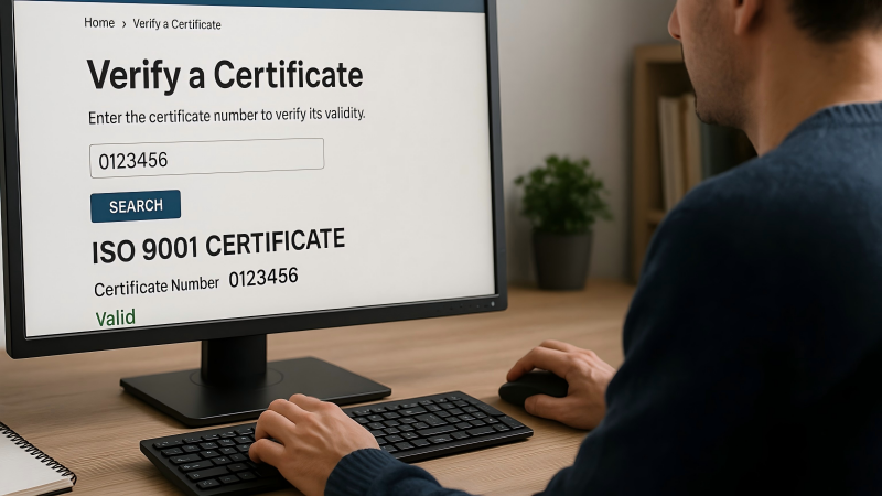 A person at a computer, verifying an ISO 9001 certificate number on an official certification body's website.