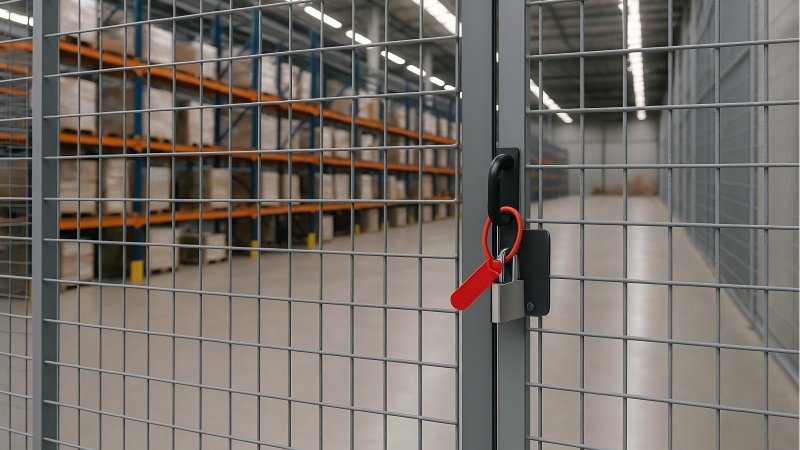 A large, modern warehouse with a wire mesh security cage in the foreground, its gate secured with a bright red plastic seal.