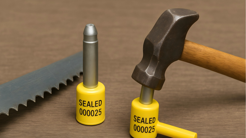 A split image showing a hacksaw blade with worn teeth next to a barely scratched bolt seal, and a hammer bouncing off the plastic jacket.