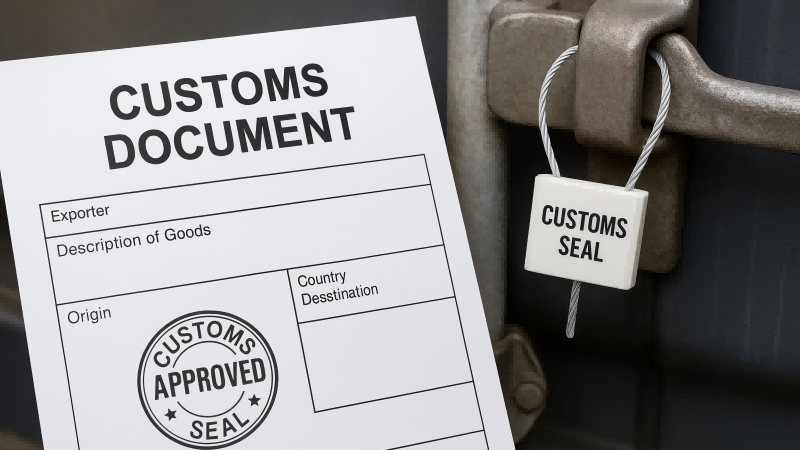 The Link Between a Customs Seal and Legal Documents A customs document with an official stamp next to the corresponding, intact customs seal on a container.