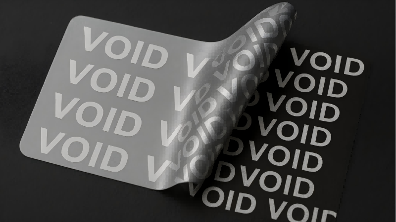 VOID Label Revealing Tamper Evidence A VOID security label being peeled off a black surface, revealing the word "VOID" repeatedly.