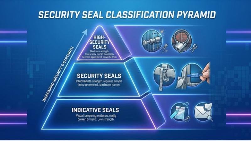 An infographic illustrating the classification pyramid from Indicative Seals at the base to High-Security Seals at the top, with icons representing their function.