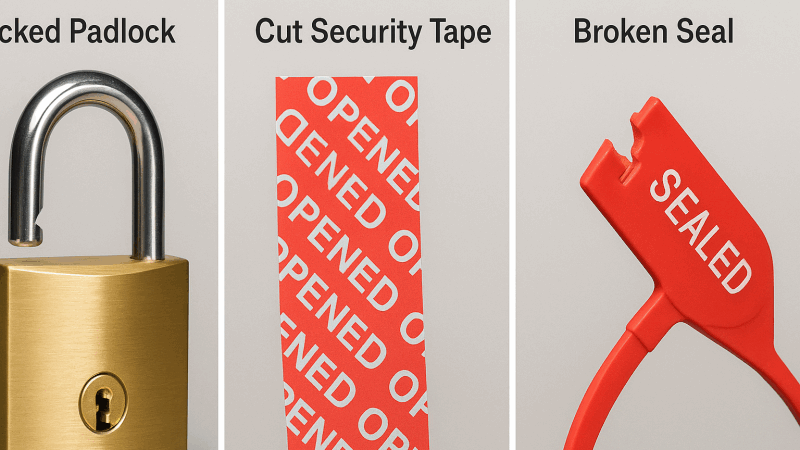 Why Plastic Seals Are a Better Example than Padlocks or Tape A comparative image showing a picked padlock (which looks fine), a cleanly cut security tape, and a definitively broken plastic seal.