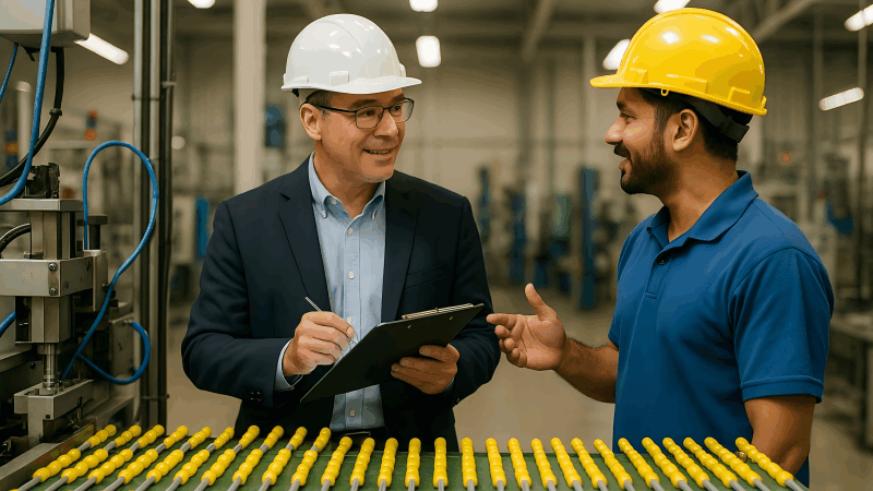Auditing Manufacturer Security Practices for ISO 17712 An auditor in a factory, inspecting the seal production line and talking to staff.