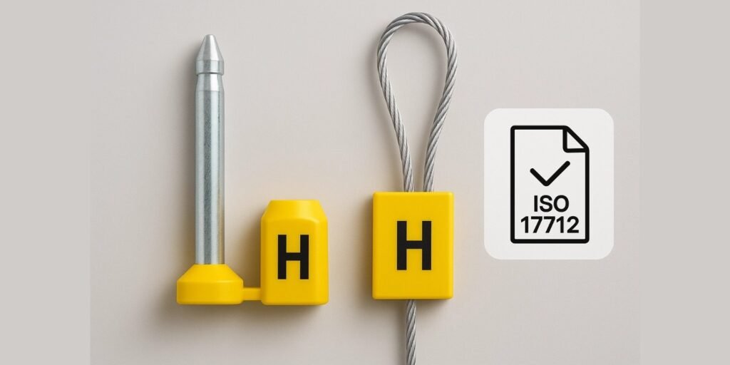Both Bolt and Cable Seals Can Be High-Security An image showing a bolt seal and a cable seal side-by-side, both with a prominent "H" marking and an ISO 17712 certificate icon.