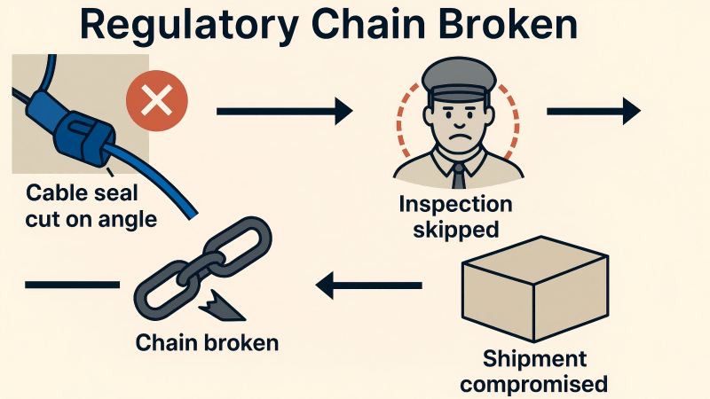 A flowchart showing a broken chain of custody link due to improper seal removal procedures.