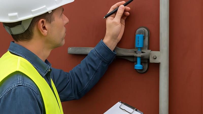 A container being inspected for structural integrity before any seals are applied, showing a holistic security approach.