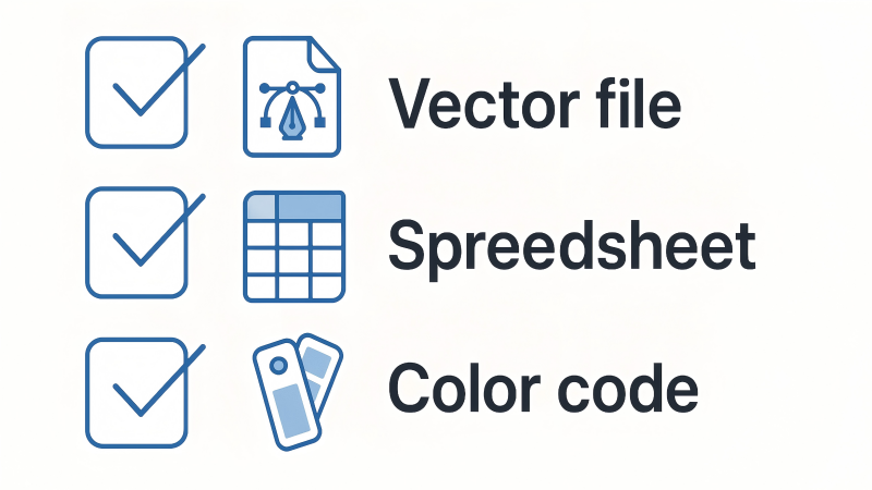 A checklist graphic showing icons for a vector file, a spreadsheet, and a color code.