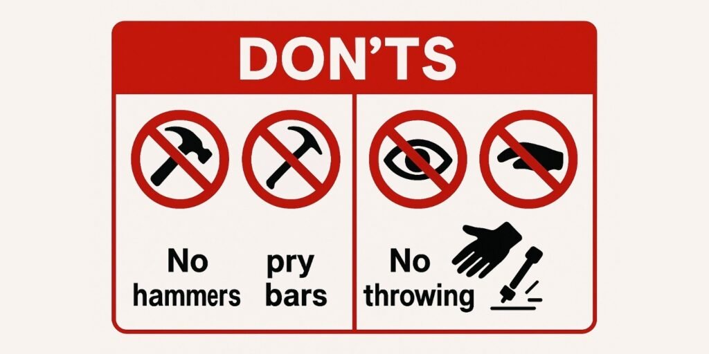 A list of "don'ts" with icons: no hammers, no pry bars, no bare eyes, no throwing seals on the ground.
