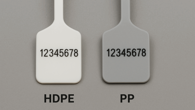 Comparing the laser-marked serial numbers on both an HDPE and a PP seal, highlighting the clarity and contrast.