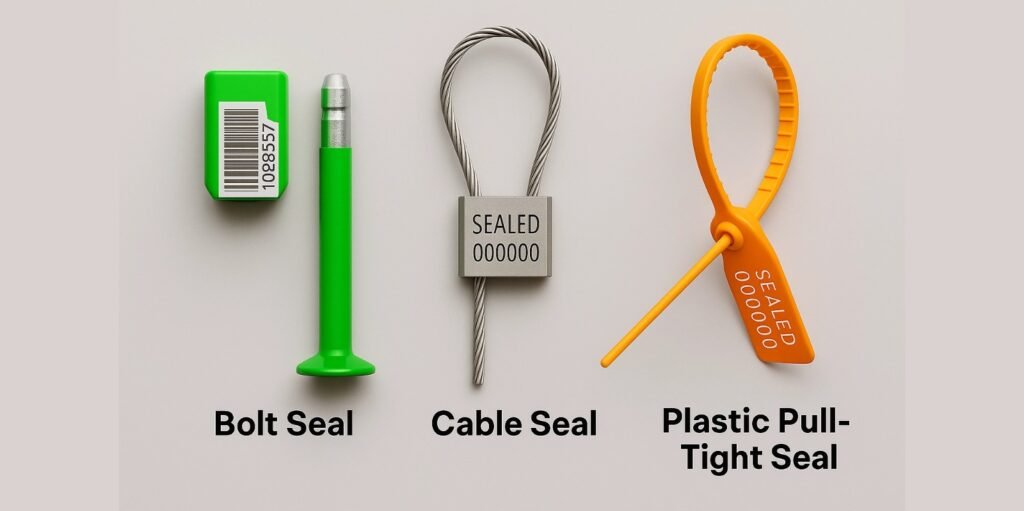 A side-by-side comparison image of a bolt seal, a cable seal, and a plastic pull-tight seal.