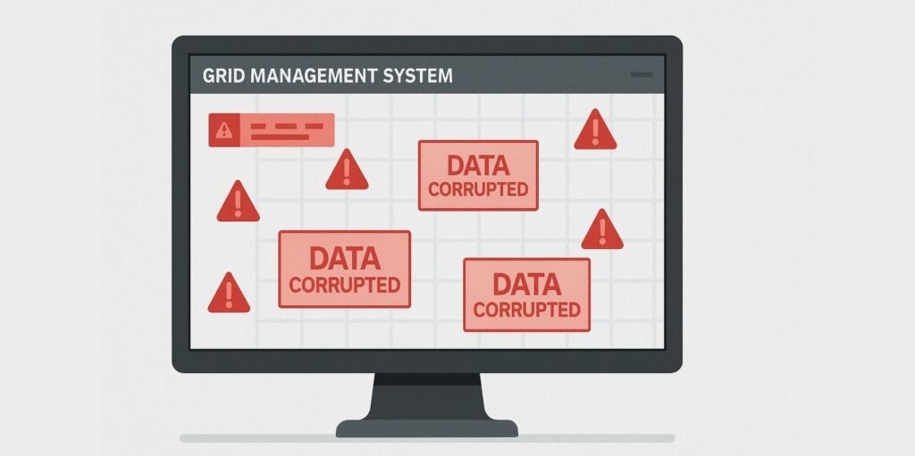 A computer screen showing a grid management system flashing with red alerts and "DATA CORRUPTED" warnings.