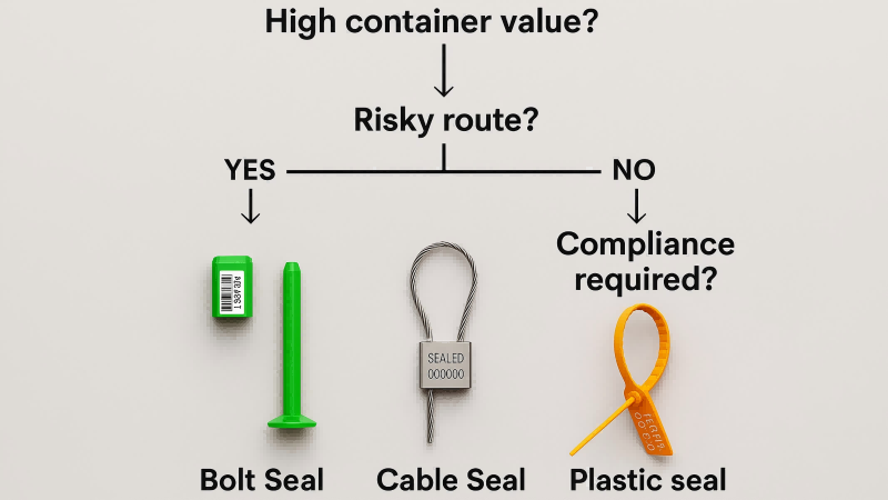 A flowchart guiding the user through questions about cargo value, route risk, and compliance to reach a decision: Bolt, Cable, or Plastic seal.