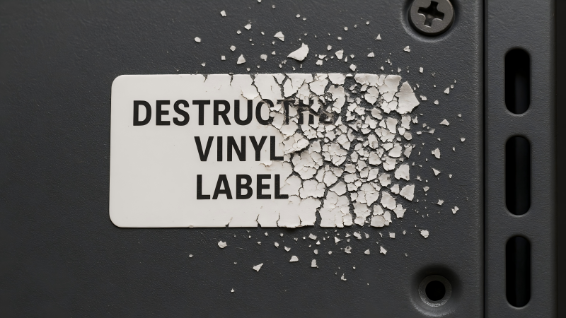 Ideal Applications for Destructible Vinyl Labels A destructible vinyl label on a computer casing, partially peeled and shattered into many small fragments.