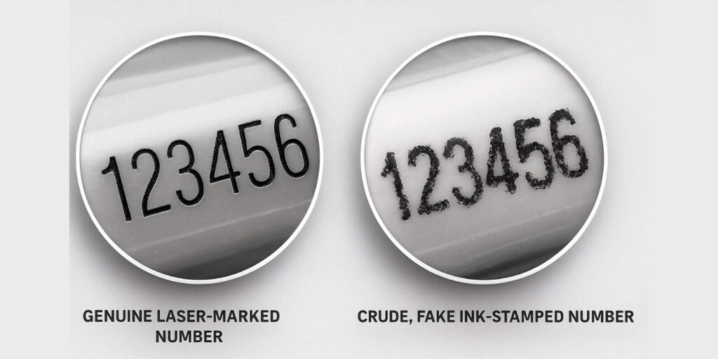 A highly magnified image comparing a genuine laser-marked plastic number with a crude, fake ink-stamped number, showing the clear difference.