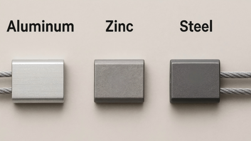 Three cable seal lock bodies side by side: one aluminum, one zinc, one steel.