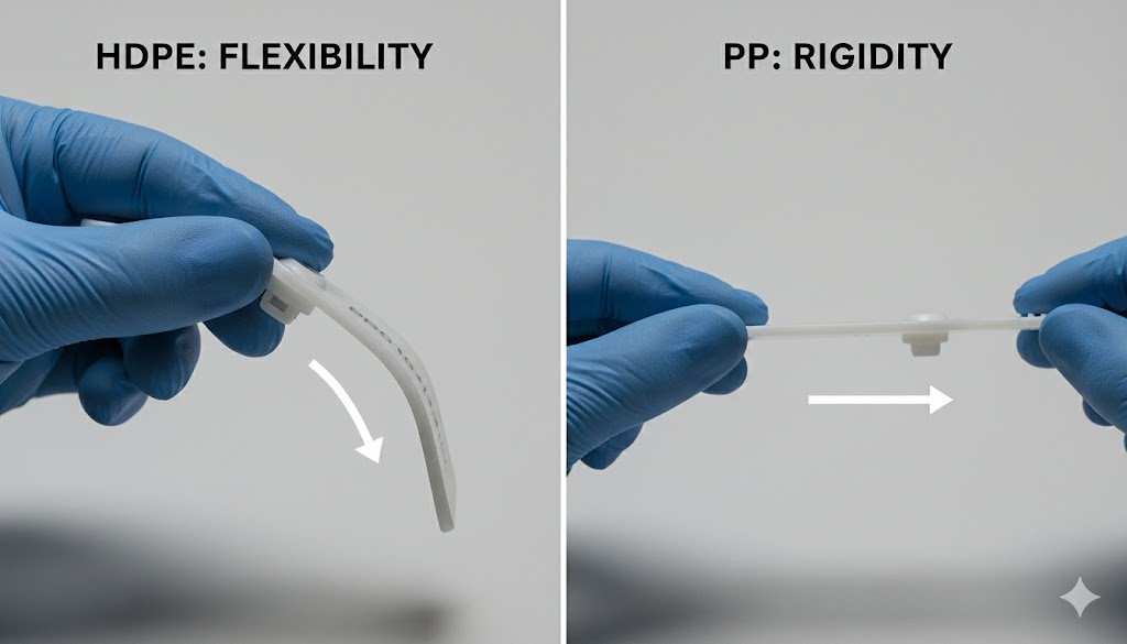 Durability of HDPE vs. PP Security Seals An image illustrating the difference in material properties: one arrow showing HDPE flexing under pressure, while another shows PP resisting a pulling force.