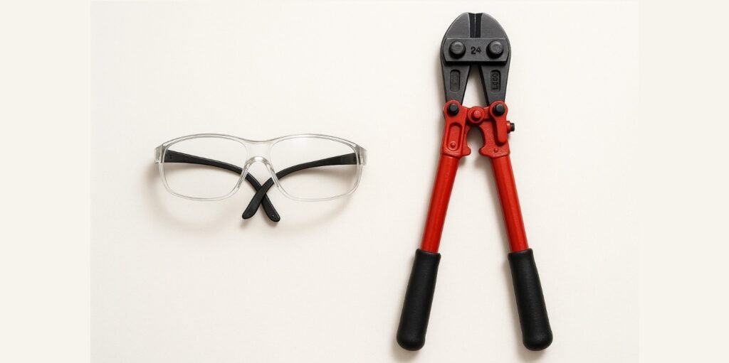 A simple, clean layout showing only two items: a pair of safety glasses and a pair of large, heavy-duty bolt cutters.