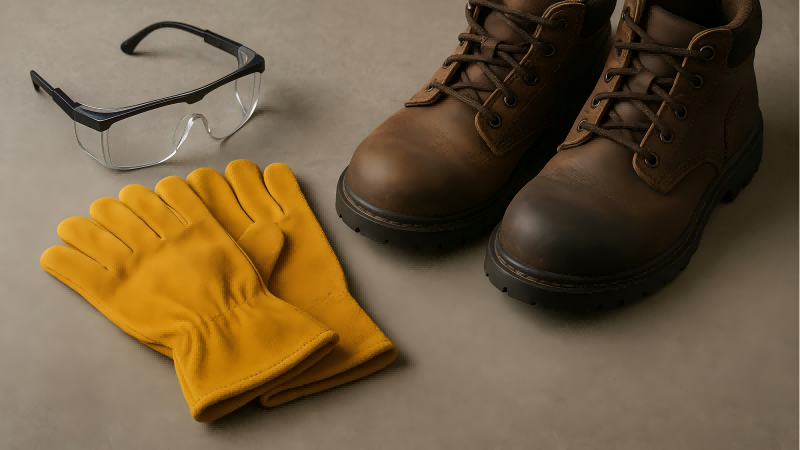 A set of essential PPE laid out: safety glasses with side shields, thick work gloves, and steel-toed boots.
