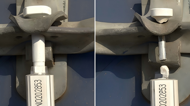 A close-up, split image: on the left, a pristine bolt seal, and on the right, the same model showing clear signs of tampering (scratches, deformation).