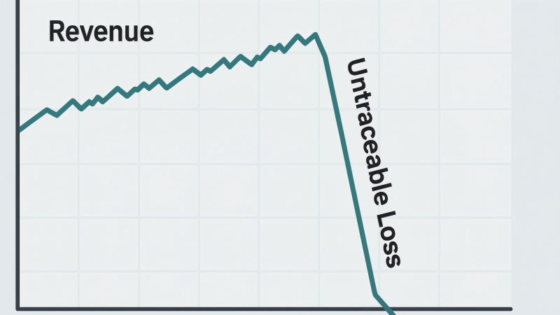 A financial chart showing a steady revenue line that suddenly develops a steep, unending downward slope labeled "Untraceable Loss."