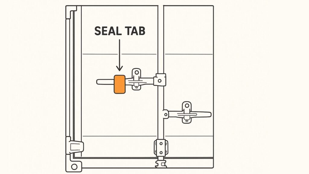 A container door with the seal tab highlighted and other parts like handles shown as less important.