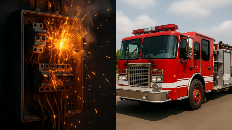 Showing an overloaded, sparking electrical box on one side and a fire truck on the other.