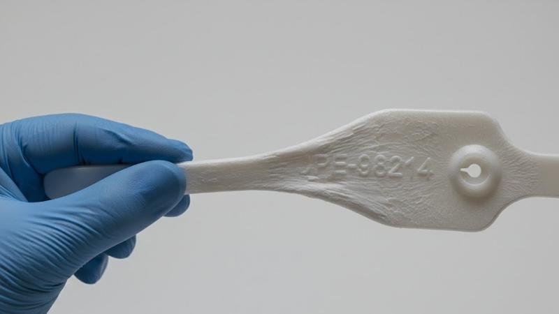 A close-up of an HDPE seal that has been stretched, showing the distinctive white stress marks as evidence of a tampering attempt.