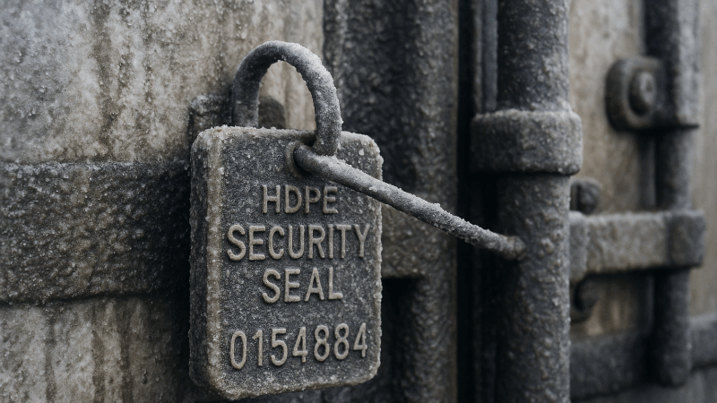 A heavy-duty HDPE seal on a cross-border truck trailer, covered in ice and road grime but still fully intact.