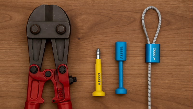 A pair of large bolt cutters placed next to a high-security bolt seal and a thick cable seal, showing both require heavy tools.