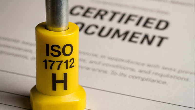 Showing a close-up of an ISO 17712 "H" marking on a bolt seal, with a certified document in the background.