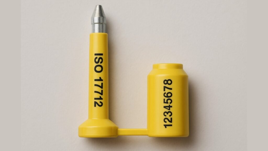 A robust ISO 17712-compliant high-security bolt seal, clearly marked with a serial number.
