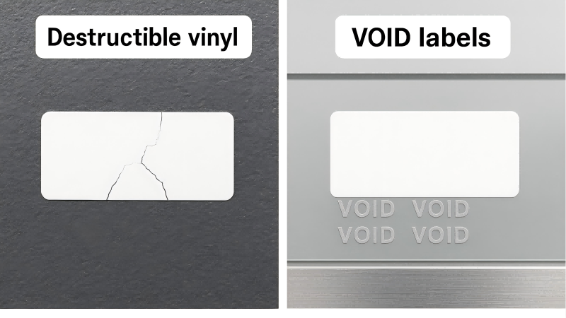 Ideal Surface Applications for Tamper-Evident Labels Showing a destructible label on a textured powder-coated metal box, and a VOID label on a smooth glass door.