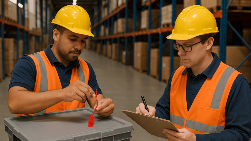 A worker in a warehouse documenting a seal number on a clipboard while another worker observes the process.
