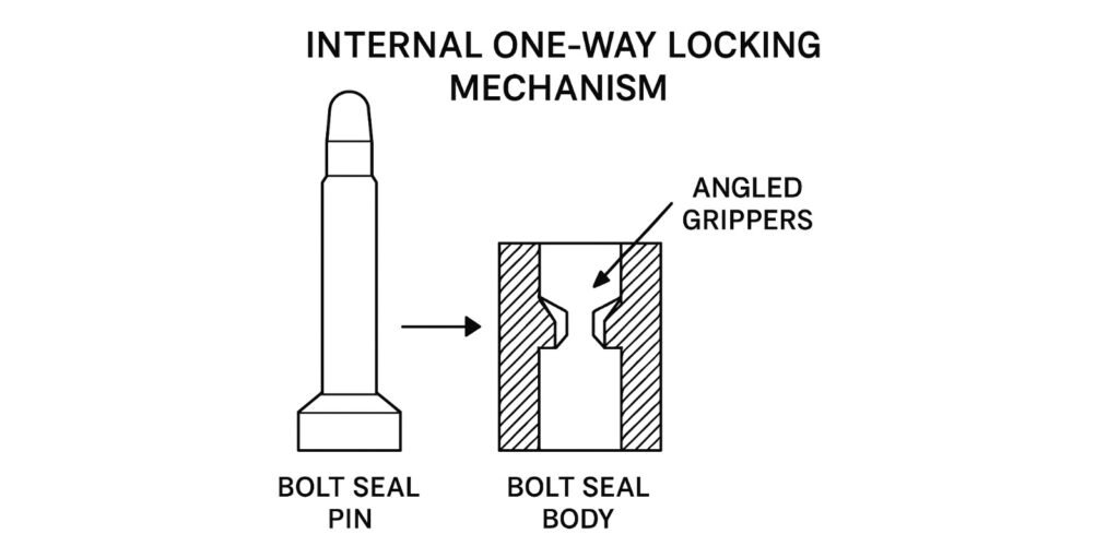 A diagram showing the internal one-way locking mechanism of a bolt seal pin and body.