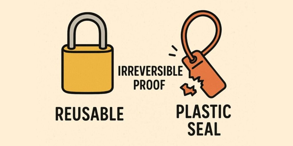 Irreversible Proof is Key to Tamper-Evidence An illustration contrasting a simple reusable padlock with a single-use, broken plastic seal, highlighting the concept of 'irreversible proof'.