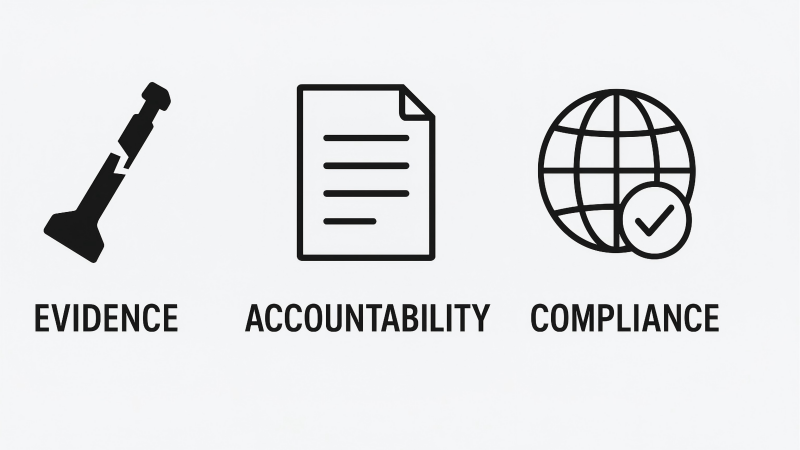 An icon-based graphic showing three key benefits: a broken bolt seal (evidence), a document (accountability), and a globe with a checkmark (compliance).