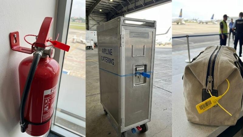 Key Applications of Adjustable Plastic Seals Showcasing several applications: a seal on a fire extinguisher pin, another on an airline catering cart, and one on a cash bag.