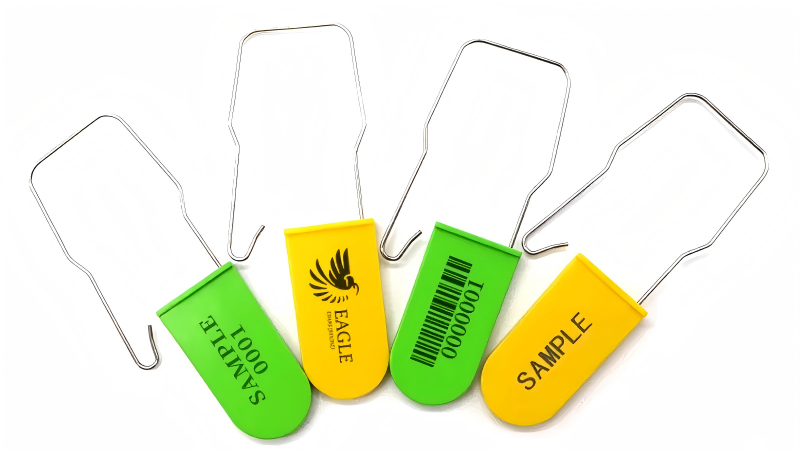 A security seal clearly showing both a company logo and a unique, laser-engraved serial number.