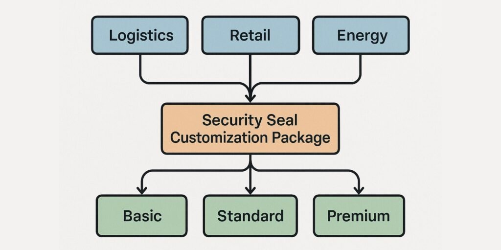 A flowchart showing different industries (logistics, retail, energy) leading to different seal customization packages.