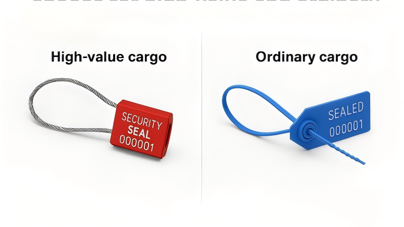 A split image showing a heavy-duty bolt seal on a container labeled "Electronics" and a simple plastic seal on a truck labeled "Building Materials."
