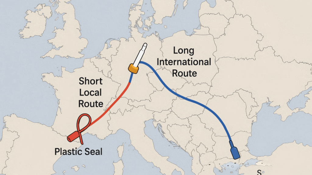 A map showing two routes: a short local one with a plastic seal icon, and a long international one with a high-security bolt seal icon.