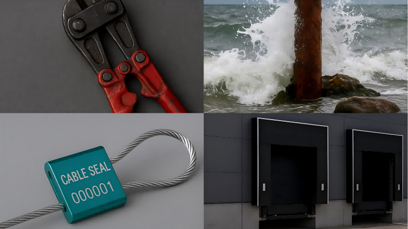 A collage showing a cable seal next to different security threats: bolt cutters, a harsh salt-spray environment, and a dark loading dock.