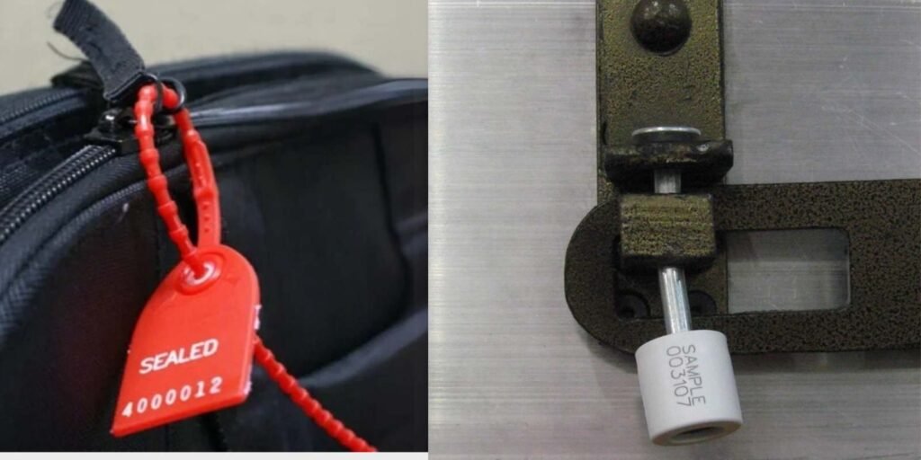 Showing a pull-tight plastic seal on a small bag zipper and a heavy-duty bolt seal on a large container latch.