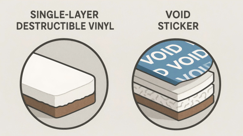 Material Composition: Vinyl vs. Multi-Layer Polyester A magnified cross-section view of a simple, single-layer destructible vinyl next to a complex, multi-layer VOID sticker.