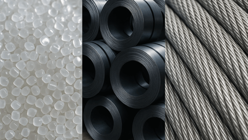 Showing the raw materials: plastic pellets, steel coils, and braided steel cable.