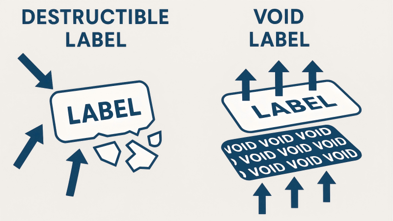 Mechanism of Fragmentation vs. Delamination An infographic illustrating the two mechanisms: arrows showing a destructible label breaking apart, versus arrows showing a VOID label splitting into two layers.