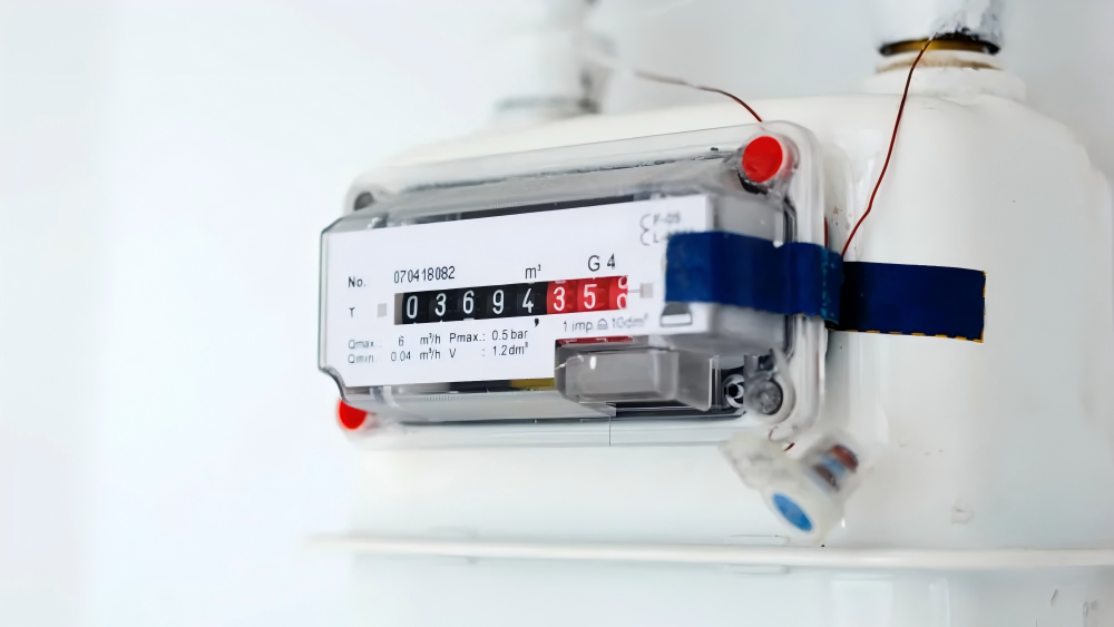 A twister-style meter seal, with the wire running through two separate locking points on an electric meter's casing.